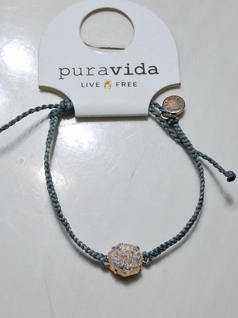 Pura Vida Gray Braided Cord Bracelet with Sparkly Geode Druzy Stone .